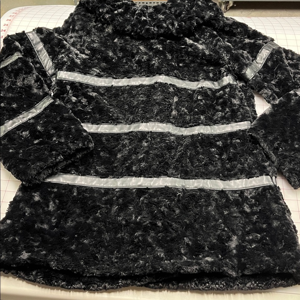BETSEY JOHNSON Penny Lane Faux Mongolian Fur/Leather Mod Wide Collar BLK Coat S - Picture 7 of 16